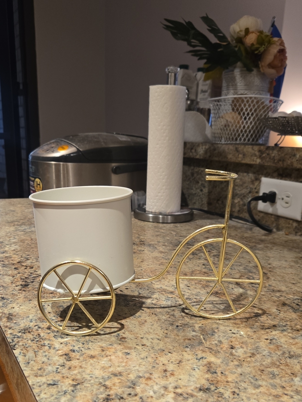 Gold Tricycle Planter with White Pot